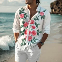 Discount OUKU Men's Rose Shirt Western Shirt Cowboy Shirt Long Sleeve Hawaiian Casual Daily Wear Going out Spring Turndown Print Button-Down Red Blue Purple Orange