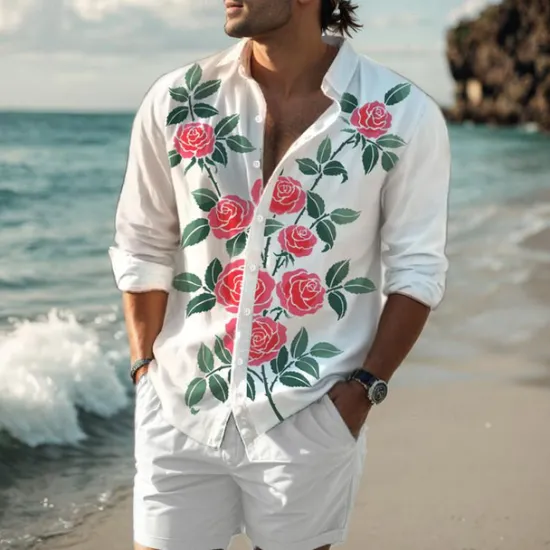 Discount OUKU Men's Rose Shirt Western Shirt Cowboy Shirt Long Sleeve Hawaiian Casual Daily Wear Going out Spring Turndown Print Button-Down Red Blue Purple Orange