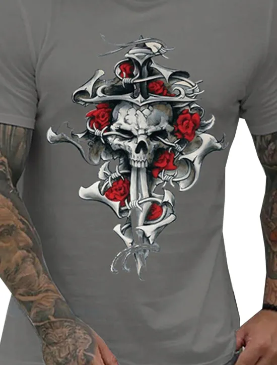 Outlet OUKU Men's Rose Skull Graphic Prints T Shirt Graphic Tee 100% Cotton Short Sleeve Graphic Shirt Black White Navy Blue Comfortable Tee Vacation Street Fashion Designer Clothing