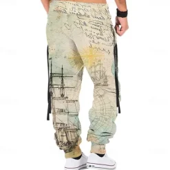 Online OUKU Men's Sailboat Sweatpants Joggers Pants Trousers Mid Waist Drawstring Elastic Waist Vintage Casual Outdoor Street Dailywear Pocket Spring Fall Winter 3D Print khaki