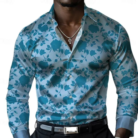 Hot OUKU Men's Satin Shirt Dress Shirt Button Up Shirt Floral Formal Vacation Yellow Blue Long Sleeve Turndown Summer Spring Clothing Apparel Buttons