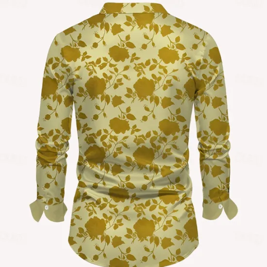 Hot OUKU Men's Satin Shirt Dress Shirt Button Up Shirt Floral Formal Vacation Yellow Blue Long Sleeve Turndown Summer Spring Clothing Apparel Buttons