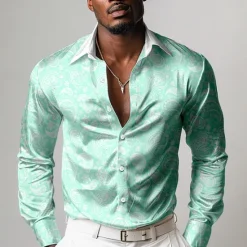 Best OUKU Men's Satin Shirt Dress Shirt Button Up Shirt Formal Vacation Pink Green Long Sleeve Turndown Summer Spring Clothing Apparel Buttons