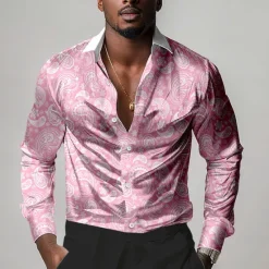 Best OUKU Men's Satin Shirt Dress Shirt Button Up Shirt Formal Vacation Pink Green Long Sleeve Turndown Summer Spring Clothing Apparel Buttons