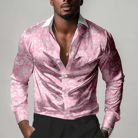 Best OUKU Men's Satin Shirt Dress Shirt Button Up Shirt Formal Vacation Pink Green Long Sleeve Turndown Summer Spring Clothing Apparel Buttons
