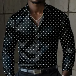 Online OUKU Men's Satin Shirt Dress Shirt Button Up Shirt Polka Dot Vacation Daily Black Blue Long Sleeve Turndown Summer Spring Clothing Apparel Buttons