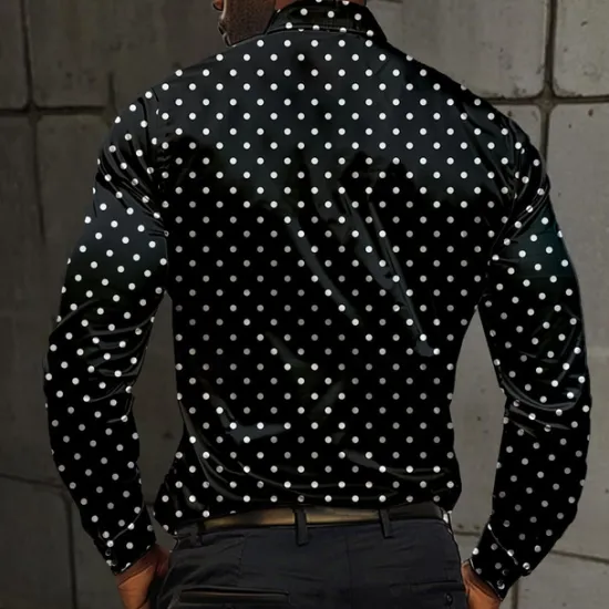 Online OUKU Men's Satin Shirt Dress Shirt Button Up Shirt Polka Dot Vacation Daily Black Blue Long Sleeve Turndown Summer Spring Clothing Apparel Buttons