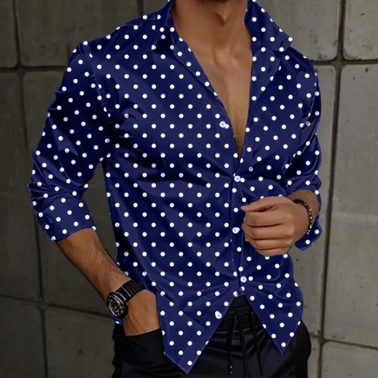 Online OUKU Men's Satin Shirt Dress Shirt Button Up Shirt Polka Dot Vacation Daily Black Blue Long Sleeve Turndown Summer Spring Clothing Apparel Buttons