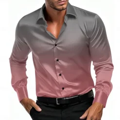 Clearance OUKU Men's Satin Shirt Dress Shirt Button Up Shirt Formal Vacation Pink Blue Orange Green Long Sleeve Turndown Summer Spring Clothing Apparel Buttons