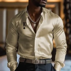 Outlet OUKU Men's Satin Shirt Dress Shirt Button Up Shirt Vacation Party Black White Yellow Pink Long Sleeve Turndown Fall Spring & Summer Clothing Apparel Print