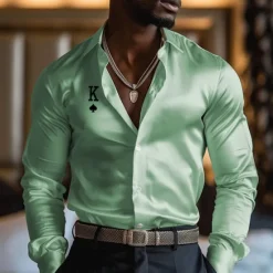 Outlet OUKU Men's Satin Shirt Dress Shirt Button Up Shirt Vacation Party Black White Yellow Pink Long Sleeve Turndown Fall Spring & Summer Clothing Apparel Print