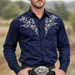 Best OUKU Men's Scroll Floral Print Ethnic Shirt Western Shirt Cowboy Shirt Long Sleeve Vintage Retro Outdoor Vacation Spring Fall Turndown 3D Print Linen Like Shirt Dark Khaki White Dark Blue