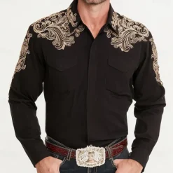 Clearance OUKU Men's Scroll Floral Print Ethnic Shirt Western Shirt Cowboy Shirt Long Sleeve Vintage Retro Outdoor Casual WorkWear Summer Spring Fall Turndown Front Two Pockets Button Up Shirts Black Brown