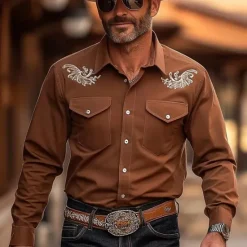 Clearance OUKU Men's Scroll Floral Print Ethnic Shirt Western Shirt Cowboy Shirt Long Sleeve Vintage Retro Outdoor Casual WorkWear Summer Spring Fall Turndown Front Two Pockets Button Up Shirts Black Brown