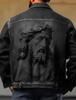 Outlet OUKU Men's Sculpture Coat Jean Jacket Denim Jacket Breathable Comfortable Casual Sports & Outdoor Going out Weekend Buttons Print Fall & Winter Turndown Long Sleeve Black Blue