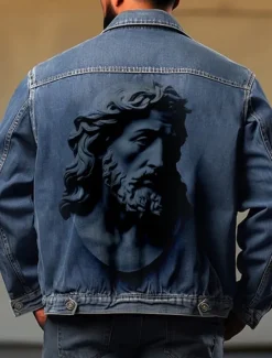 Outlet OUKU Men's Sculpture Coat Jean Jacket Denim Jacket Breathable Comfortable Casual Sports & Outdoor Going out Weekend Buttons Print Fall & Winter Turndown Long Sleeve Black Blue