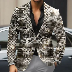 New OUKU Men's Sequin Long Sleeve Turndown Artistic Party Evening Wear Daily Buttons Multi Pocket Silver