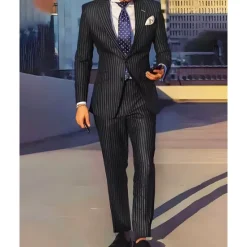 Clearance OUKU Men's Set Blazer Business Cocktail Party Wedding Party Fashion Casual Spring & Fall Polyester Stripes Pocket 2 Piece Comfortable Single Breasted Blazer Black Navy Blue