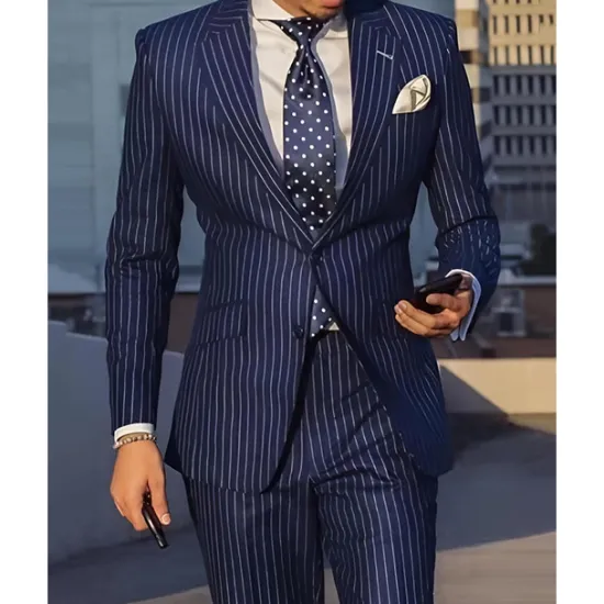 Clearance OUKU Men's Set Blazer Business Cocktail Party Wedding Party Fashion Casual Spring & Fall Polyester Stripes Pocket 2 Piece Comfortable Single Breasted Blazer Black Navy Blue