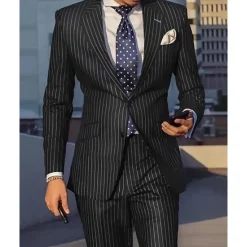 Clearance OUKU Men's Set Blazer Business Cocktail Party Wedding Party Fashion Casual Spring & Fall Polyester Stripes Pocket 2 Piece Comfortable Single Breasted Blazer Black Navy Blue