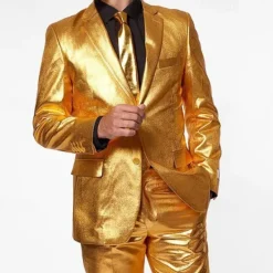 Clearance OUKU Men's Set Blazer Performance Stage Wedding Party Vintage Fashion Spring Autumn / Fall Polyester Solid Color Pocket Glitter Comfortable Single Breasted Blazer Silver Gold