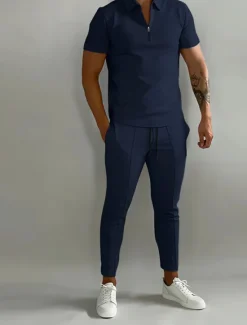 Best OUKU Men's Set Polo Shirt Casual Holiday Lapel Quarter Zip Short Sleeve Fashion Basic Plain Quarter Zip Summer Regular Fit Black White Dark Navy Blue Beige Set