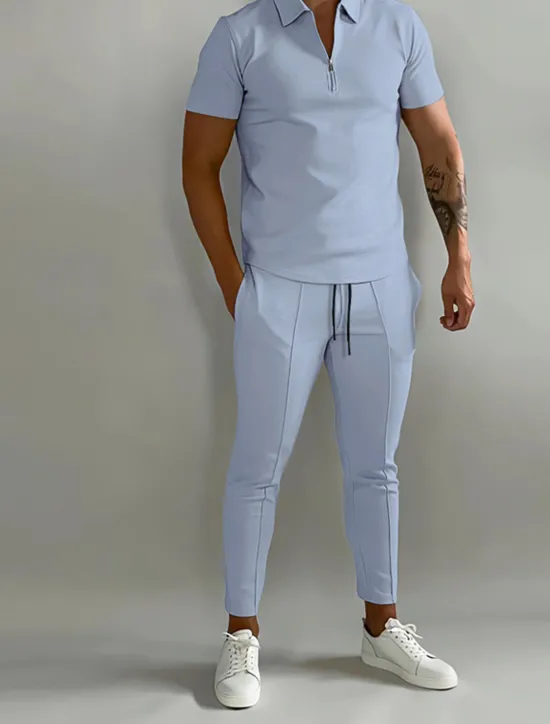 Best OUKU Men's Set Polo Shirt Casual Holiday Lapel Quarter Zip Short Sleeve Fashion Basic Plain Quarter Zip Summer Regular Fit Black White Dark Navy Blue Beige Set