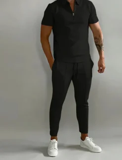 Best OUKU Men's Set Polo Shirt Casual Holiday Lapel Quarter Zip Short Sleeve Fashion Basic Plain Quarter Zip Summer Regular Fit Black White Dark Navy Blue Beige Set