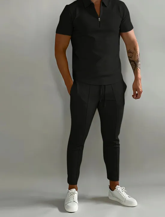 Best OUKU Men's Set Polo Shirt Casual Holiday Lapel Quarter Zip Short Sleeve Fashion Basic Plain Quarter Zip Summer Regular Fit Black White Dark Navy Blue Beige Set