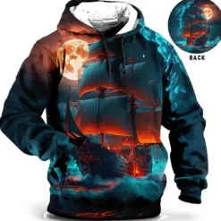 Discount OUKU Men's Ship Graphic Prints Hoodie Hoodies Sweatshirt Daily Classic Long Sleeve Hooded Holiday Going out Streetwear Blue Brown Print Spring & Fall Designer