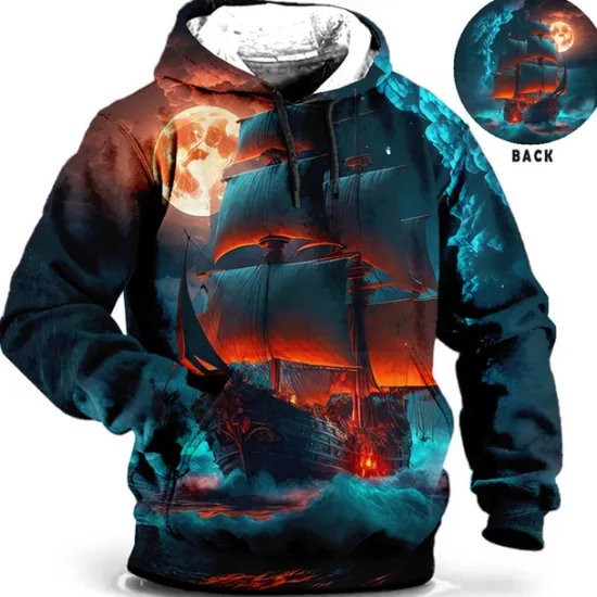 Discount OUKU Men's Ship Graphic Prints Hoodie Hoodies Sweatshirt Daily Classic Long Sleeve Hooded Holiday Going out Streetwear Blue Brown Print Spring & Fall Designer