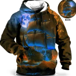 Discount OUKU Men's Ship Graphic Prints Hoodie Hoodies Sweatshirt Daily Classic Long Sleeve Hooded Holiday Going out Streetwear Blue Brown Print Spring & Fall Designer