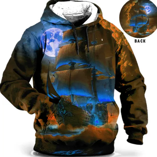 Discount OUKU Men's Ship Graphic Prints Hoodie Hoodies Sweatshirt Daily Classic Long Sleeve Hooded Holiday Going out Streetwear Blue Brown Print Spring & Fall Designer