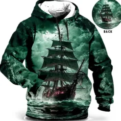 Hot OUKU Men's Ship Graphic Prints Hoodie Hoodies Sweatshirt Daily Classic Long Sleeve Hooded Holiday Going out Streetwear Blue Green Print Spring & Fall Designer