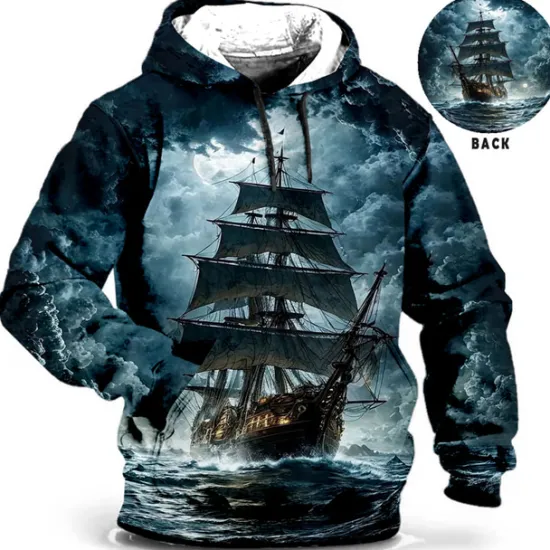 Hot OUKU Men's Ship Graphic Prints Hoodie Hoodies Sweatshirt Daily Classic Long Sleeve Hooded Holiday Going out Streetwear Blue Green Print Spring & Fall Designer