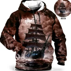 Hot OUKU Men's Ship Graphic Prints Hoodie Hoodies Sweatshirt Daily Classic Long Sleeve Hooded Holiday Going out Streetwear Blue Green Print Spring & Fall Designer
