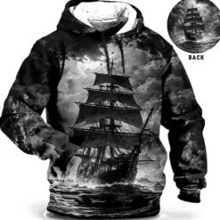 Hot OUKU Men's Ship Graphic Prints Hoodie Hoodies Sweatshirt Daily Classic Long Sleeve Hooded Holiday Going out Streetwear Blue Green Print Spring & Fall Designer