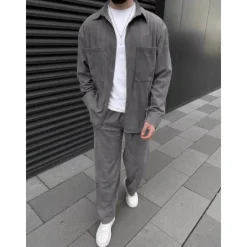 Online OUKU Men's Shirt 2 Piece Shirt Set Matching Sets Casual Shirt Corduroy Shirt Brown Green khaki Gray Light Blue Long Sleeve Solid Color Collar Street Daily Clothing Apparel Fashion Casual Comfortable