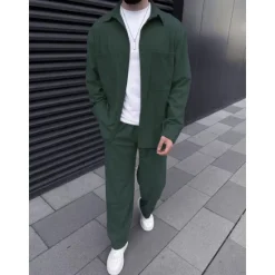 Online OUKU Men's Shirt 2 Piece Shirt Set Matching Sets Casual Shirt Corduroy Shirt Brown Green khaki Gray Light Blue Long Sleeve Solid Color Collar Street Daily Clothing Apparel Fashion Casual Comfortable