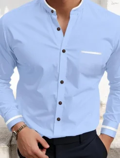 New OUKU Men's Shirt Band Collar Shirt Dress Shirt Oxford Shirt Button Up Shirt Wedding Vacation White Navy Blue Gray Light Blue Long Sleeve Standing Collar Spring & Summer Clothing Apparel Front Pocket