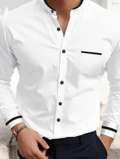 New OUKU Men's Shirt Band Collar Shirt Dress Shirt Oxford Shirt Button Up Shirt Wedding Vacation White Navy Blue Gray Light Blue Long Sleeve Standing Collar Spring & Summer Clothing Apparel Front Pocket