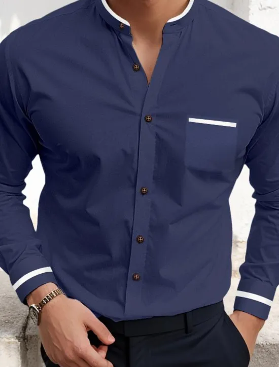 New OUKU Men's Shirt Band Collar Shirt Dress Shirt Oxford Shirt Button Up Shirt Wedding Vacation White Navy Blue Gray Light Blue Long Sleeve Standing Collar Spring & Summer Clothing Apparel Front Pocket