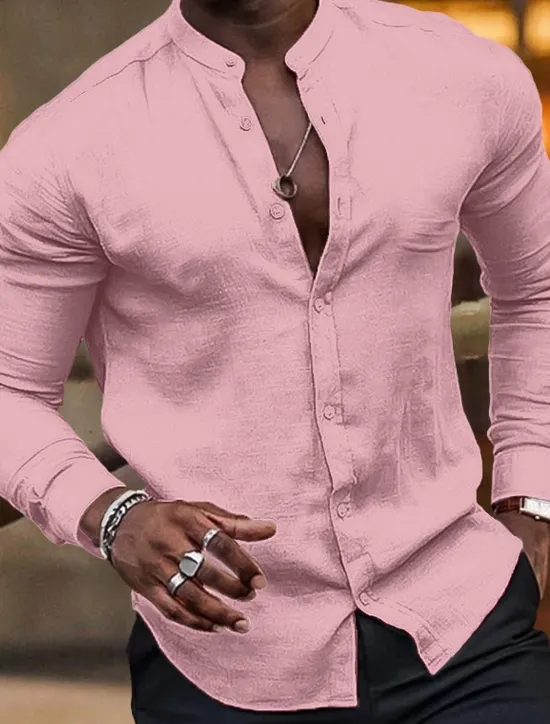 OUKU Men's Shirt Band Collar Shirt Summer Shirt Beach Wear Button Up Shirt Plain Vacation Hawaiian Black White Light Green Pink Long Sleeve Crew Neck Spring & Summer Clothing Apparel Basic