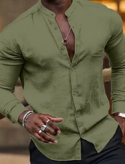 OUKU Men's Shirt Band Collar Shirt Summer Shirt Beach Wear Button Up Shirt Plain Vacation Hawaiian Black White Light Green Pink Long Sleeve Crew Neck Spring & Summer Clothing Apparel Basic