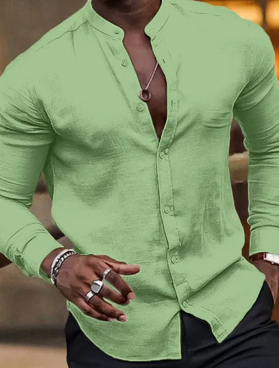 OUKU Men's Shirt Band Collar Shirt Summer Shirt Beach Wear Button Up Shirt Plain Vacation Hawaiian Black White Light Green Pink Long Sleeve Crew Neck Spring & Summer Clothing Apparel Basic
