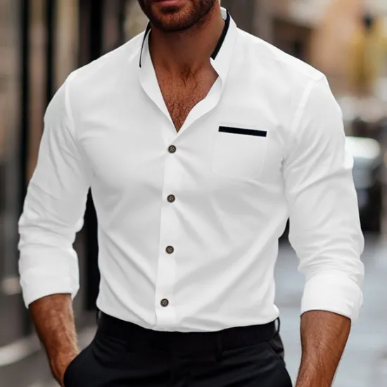 Best OUKU Men's Shirt Band Collar Shirt Dress Shirt Button Up Shirt Oxford Shirt Patchwork Wedding Vacation White Navy Blue Blue Gray Long Sleeve Standing Collar Spring & Summer Clothing Apparel Front Pocket