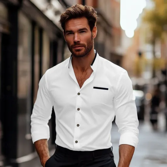 Best OUKU Men's Shirt Band Collar Shirt Dress Shirt Button Up Shirt Oxford Shirt Patchwork Wedding Vacation White Navy Blue Blue Gray Long Sleeve Standing Collar Spring & Summer Clothing Apparel Front Pocket