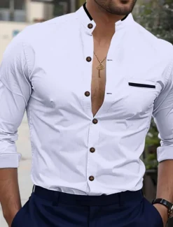 Clearance OUKU Men's Shirt Band Collar Shirt Dress Shirt Button Up Shirt Oxford Shirt Color Block Office & Career Wedding Party White Dark Blue Light Sky Blue Gray Long Sleeve Standing Collar Spring & Fall