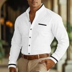 New OUKU Men's Shirt Band Collar Shirt Dress Shirt Oxford Shirt Button Up Shirt Patchwork Wedding Vacation Light Blue White Navy Blue Gray Long Sleeve Standing Collar Spring & Summer Clothing Apparel Front