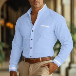 New OUKU Men's Shirt Band Collar Shirt Dress Shirt Oxford Shirt Button Up Shirt Patchwork Wedding Vacation Light Blue White Navy Blue Gray Long Sleeve Standing Collar Spring & Summer Clothing Apparel Front